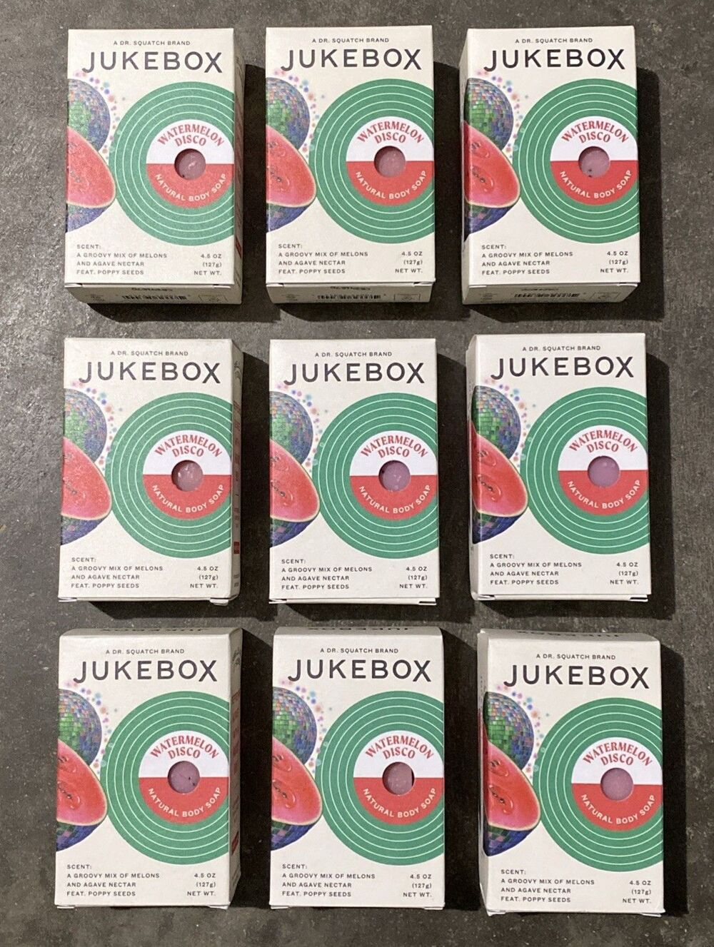 (9) Jukebox Watermelon Disco Natural Body Soap Bar Dr. Squatch Agave Poppy Seed